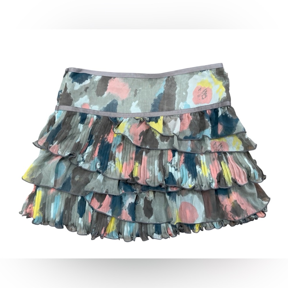 DKNY Ruffle Tiered Mini Skirt Boho Pleated Watercolor Low Rise Women’s Large